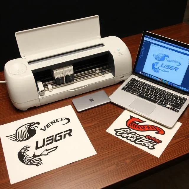 Mockup Mockup of a vinyl cutter, laptop with design software, and finished decals